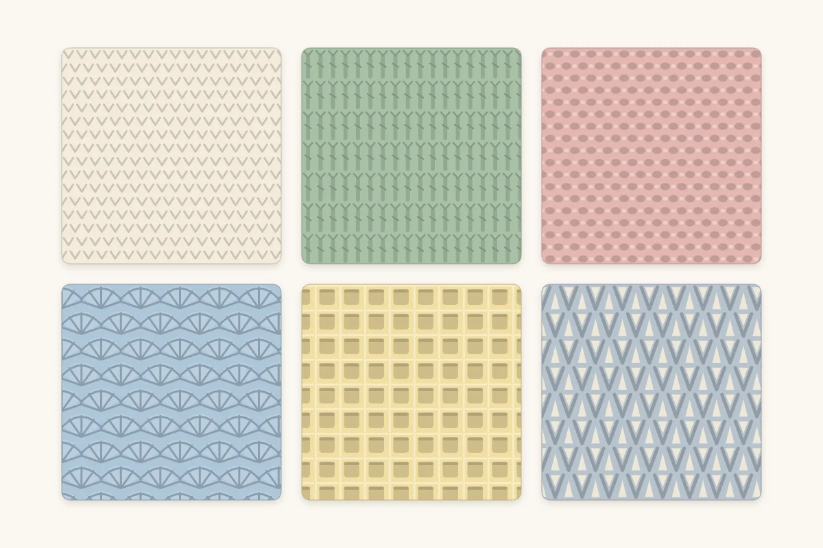Grid of six crochet swatches showing single crochet, double crochet, moss stitch, shell stitch, waffle stitch and V-stitch textures