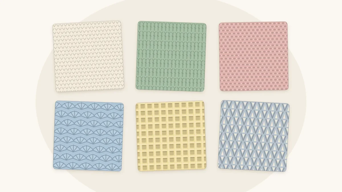 Six small crochet stitch swatches in different soft colors arranged in a neat grid, each with a different texture