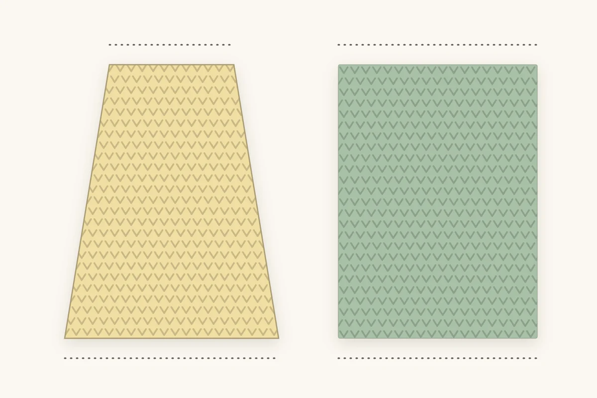 Two crochet swatches side by side: one narrowing toward the top with slanted edges, one with straight parallel edges