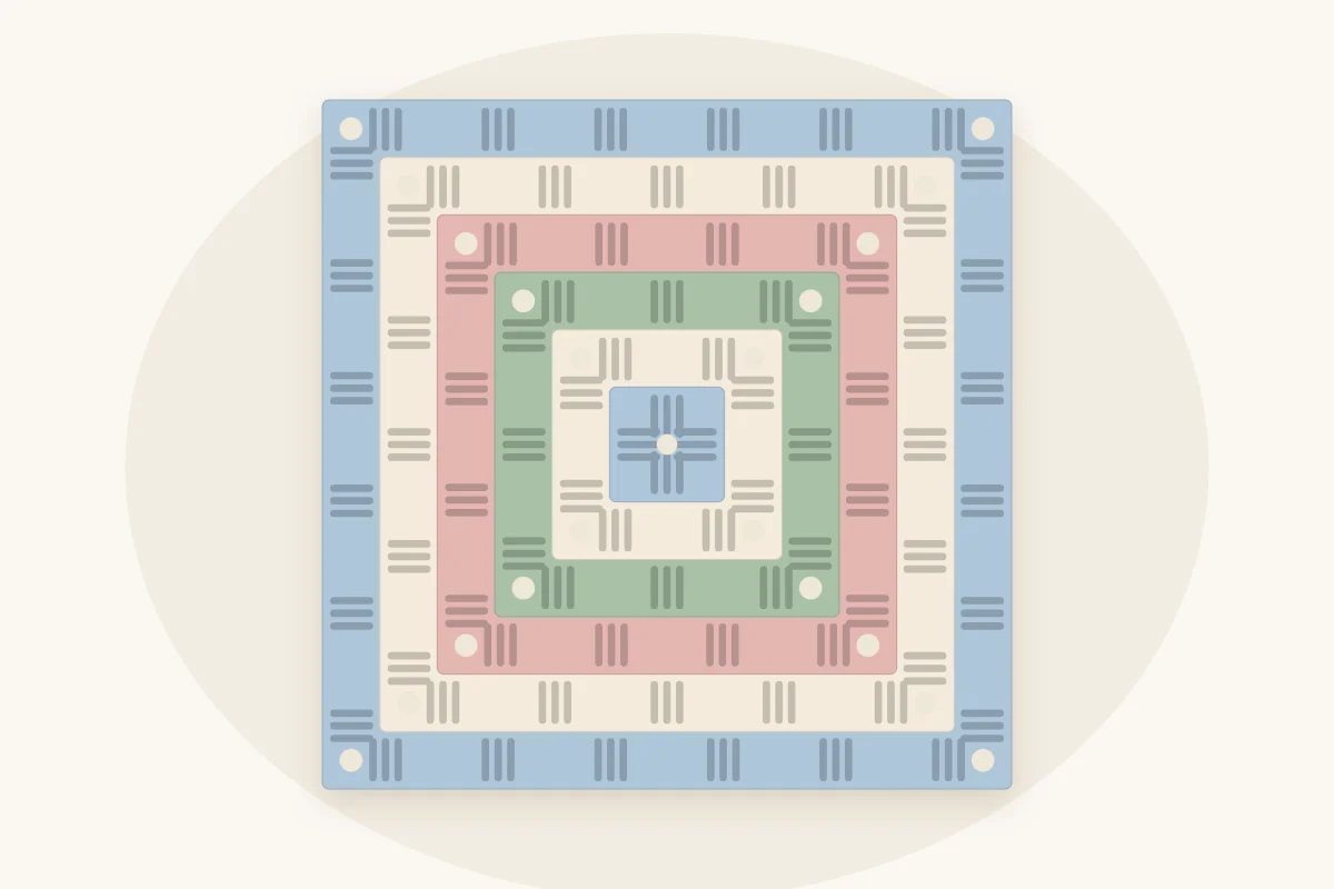 The center of a large granny square showing the first rounds growing outward in concentric color bands