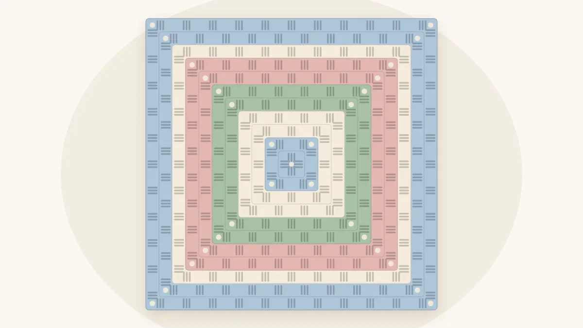 One large granny square baby blanket with concentric bands of pale blue, cream, sage and dusty rose, lying flat