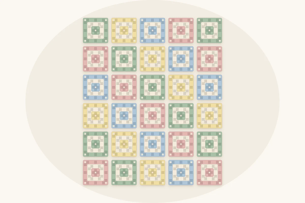Layout of thirty granny squares arranged in five columns and six rows with alternating colors