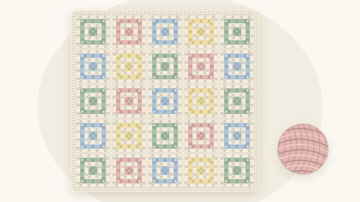 A baby blanket made of joined granny squares in sage, dusty rose, pale blue and butter with cream borders, lying flat