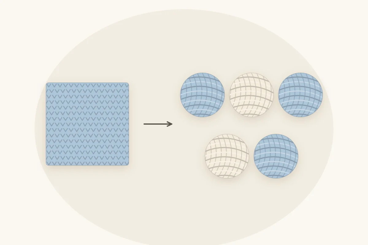A small crochet swatch next to a row of yarn balls, suggesting how a swatch is used to estimate the yarn for a whole blanket